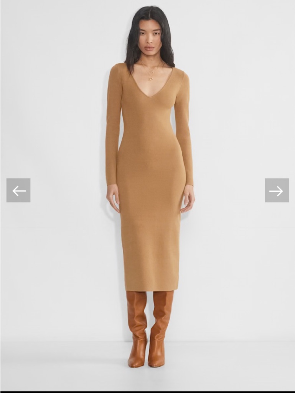 Wilfred Aritzia Camel Knit Maxi Dress Bodycon Minimalist Long Sleeve